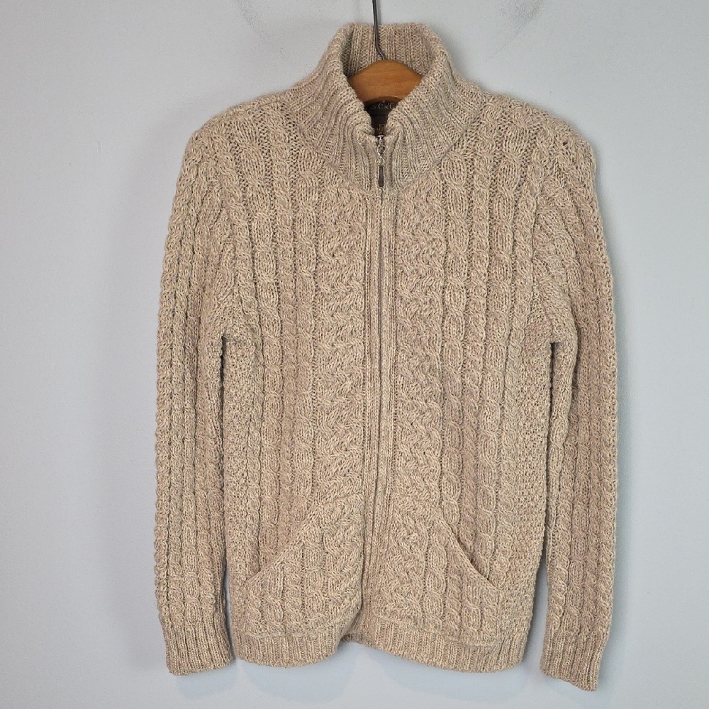 Inis Crafts Cream Tan Zip Cable Knit Merino Wool sweater size Small granola